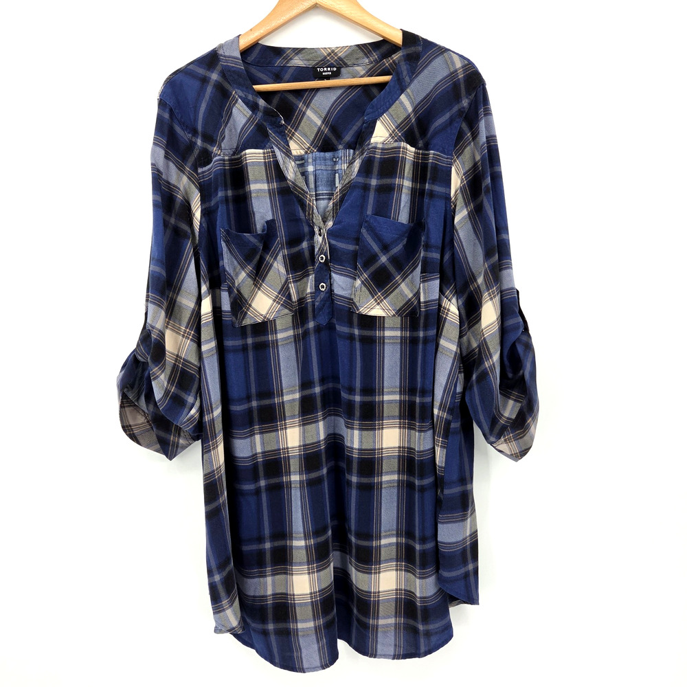 Torrid Harper 3/4 Sleeve Tunic Top Blue Plaid Lightweight Drapey Popover Size 3X